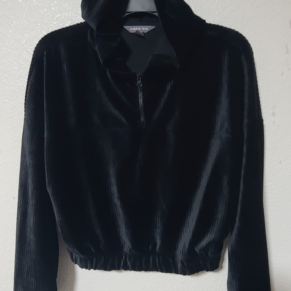 Womens Black Velvet Hoodie Sweatshirt Short Size M